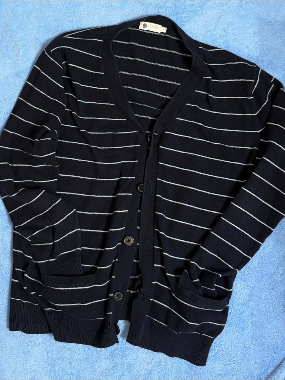 J. Crew Men's Navy Cardigan with Thin White Stripes